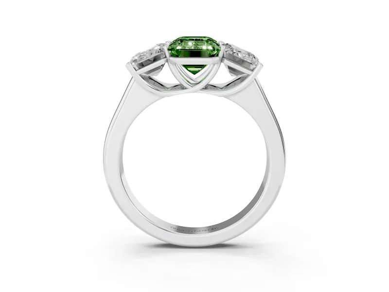 Emerald Cut Three Stone Engagement Ring Setting for a Fancy Green Lab-Grown Diamond | Basket Prong Heads | Platinum