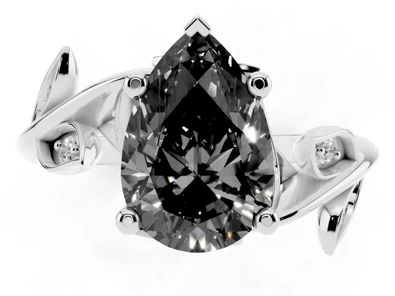 Fancy Black Pear Cut Diamond Solitaire Twist Engagement Ring Set in Platinum with Pavé Leaf Accents