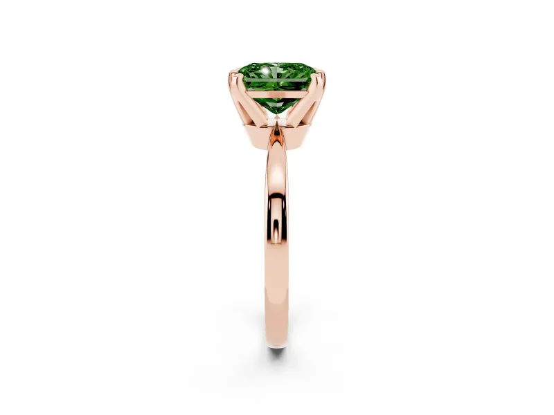 Fancy Green Radiant Cut Diamond Solitaire Engagement Ring Set in Rose gold with Slim Tapered Solitaire Band