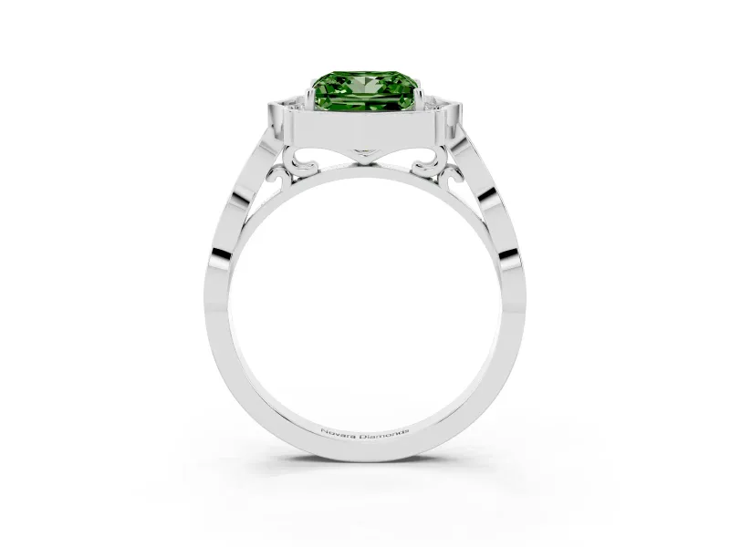 Princess Cut Scalloped Halo Engagement Ring Setting for a Fancy Green Lab-Grown Diamond | Pave Band | Sterling Silver