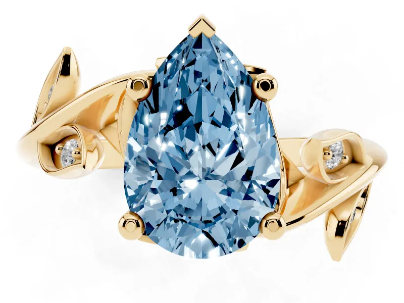 Fancy Blue Pear Cut Diamond Solitaire Twist Engagement Ring Set in Yellow gold with Pavé Leaf Accents