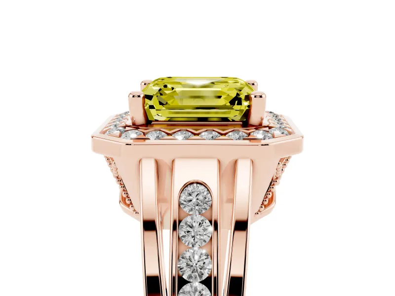 Asscher Cut Halo Engagement Ring Setting for a Fancy Yellow Lab-Grown Diamond | Channel-Set Split Shank | Rose Gold