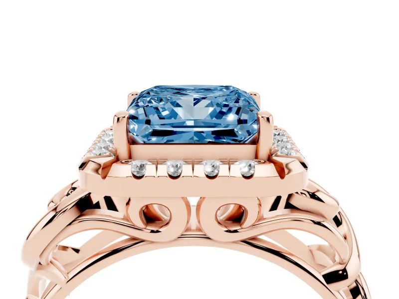 Fancy Blue Princess Cut Diamond Halo Ring Set in Rose gold with Scrollwork Band and Prong Setting