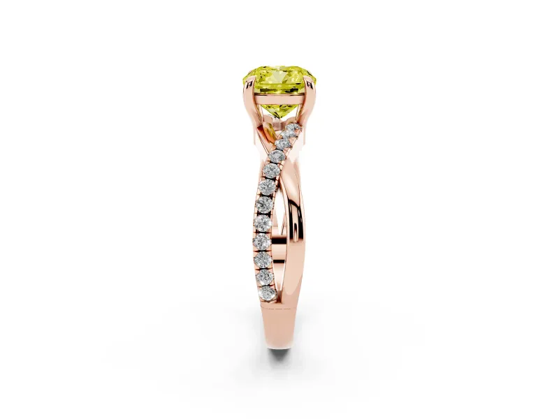 Fancy Yellow Cushion Cut Diamond Twist Band Solitaire Set in Rose gold with Pavé Accents and Prong Setting