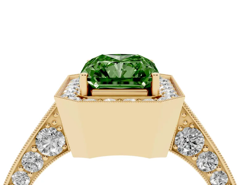 Radiant Cut Milgrain Halo Engagement Ring Setting for a Fancy Green Lab-Grown Diamond | Side Stones | Yellow Gold
