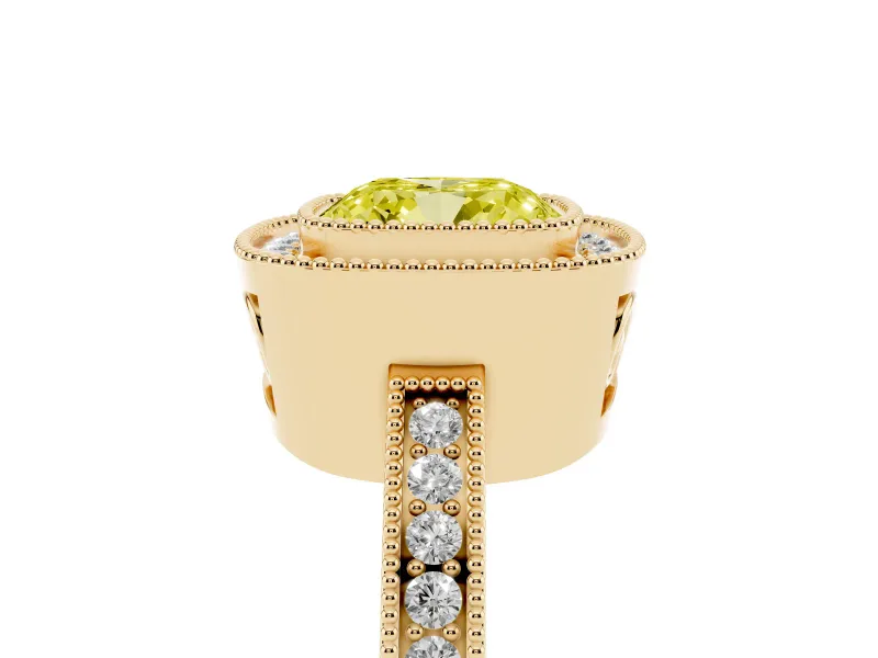 Fancy Yellow Cushion Cut Diamond Halo Ring Set in Yellow gold with Pavé Band and Milgrain-Edged Prongs