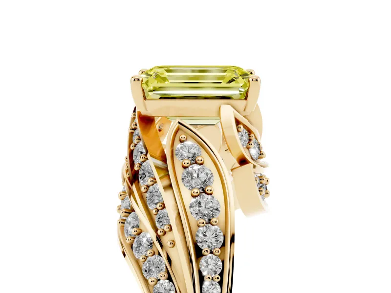 Emerald Cut Bypass Pavé Engagement Ring Setting for a Fancy Yellow Lab-Grown Diamond | Graduated Pavé | Yellow Gold