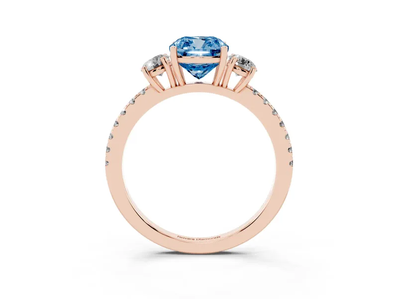 Cushion Cut Three Stone Engagement Ring Setting for a Fancy Blue Lab-Grown Diamond | Pave Shoulders | Rose Gold