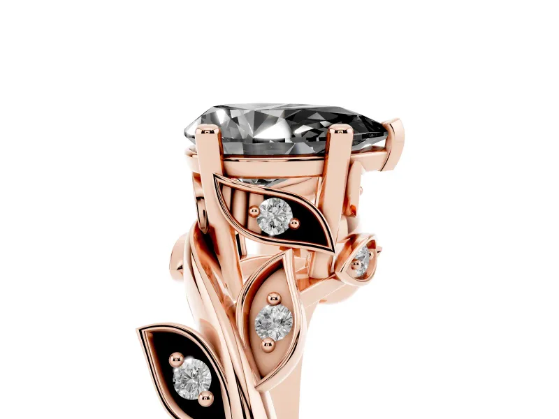 Fancy Black Pear Cut Diamond Solitaire Twist Engagement Ring Set in Rose gold with Pavé Leaf Accents