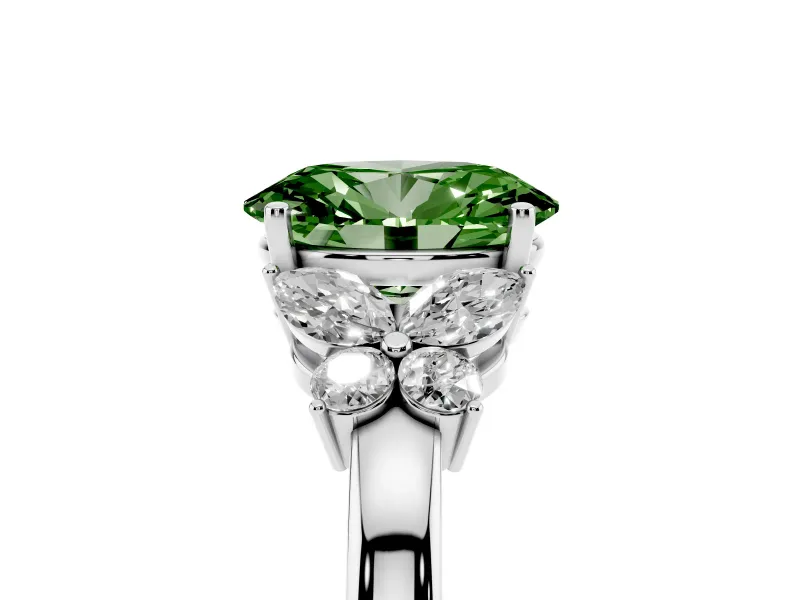 Fancy Green Oval Cut Diamond Solitaire Floral Ring Set in Platinum with Marquise Petals and Prong Setting