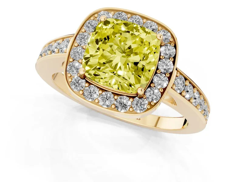 Cushion Cut Framed Halo Engagement Ring Setting for a Fancy Yellow Lab-Grown Diamond | Yellow Gold