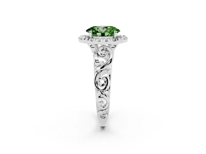Fancy Green Oval Cut Diamond Halo Ring Set in White gold with Scrollwork Band and Prong Setting