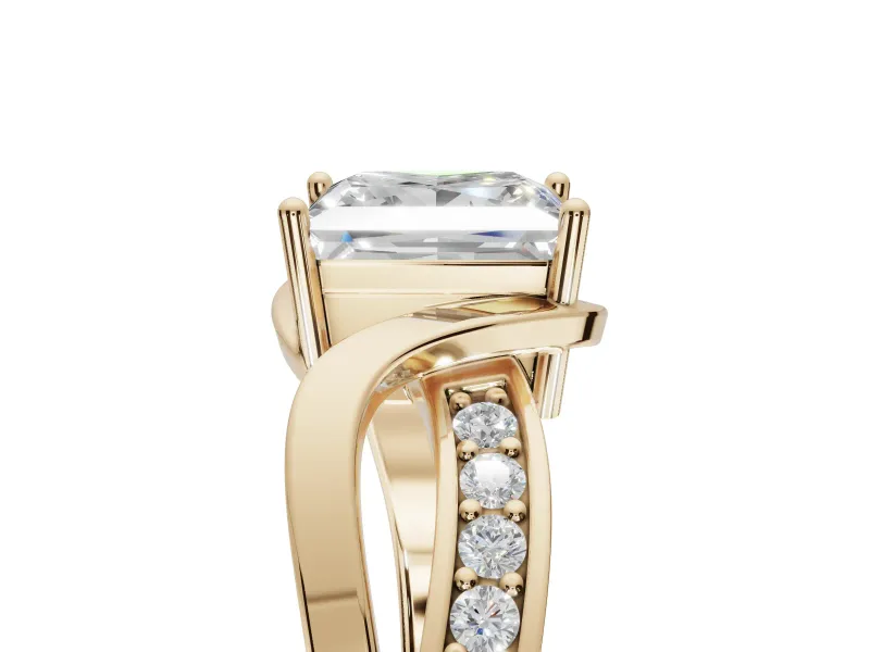 Princess Cut Bypass Solitaire Engagement Ring Setting | Pavé and Plain Strands | Yellow Gold