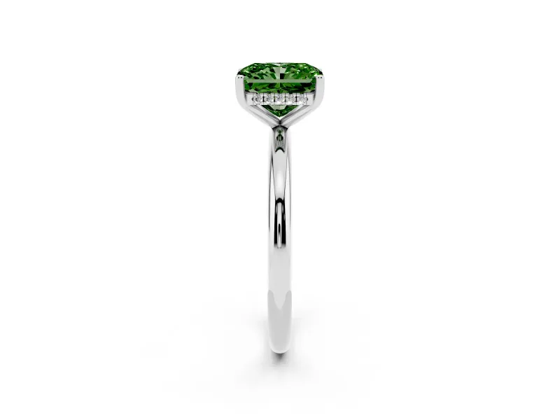 Fancy Green Radiant Cut Diamond Solitaire Engagement Ring Set in Silver with Prong Setting and Polished Band