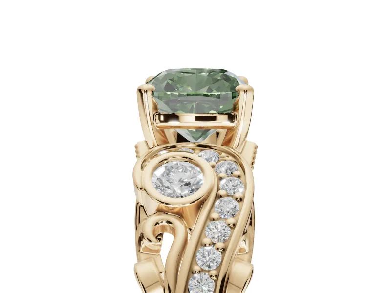 Cushion Cut Swirl Engagement Ring Setting for a Fancy Green Lab-Grown Diamond | Yellow Gold