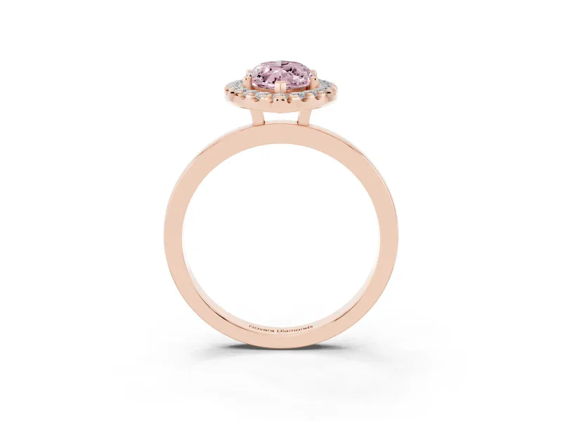 Fancy Pink Marquise Cut Diamond Halo Solitaire Ring Set in Rose gold with Pavé Band and Prong Setting
