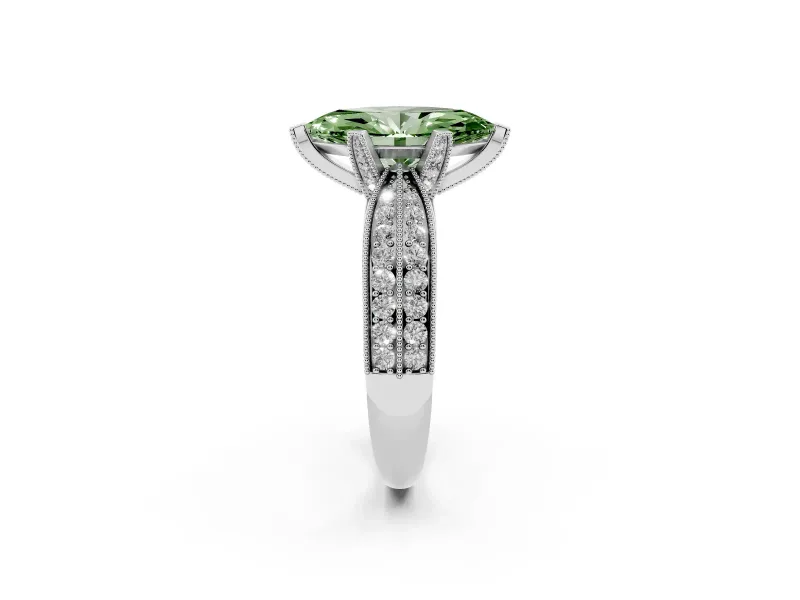 Fancy Green Marquise Cut Diamond Solitaire Ring Set in White gold with Milgrain Double Row Round Pavé Band