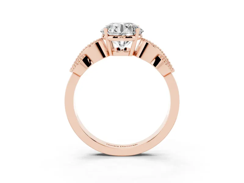 Round Cut Diamond Milgrain Leaf Band Solitaire Ring Set in Rose gold with Accent Stones and Prong Setting