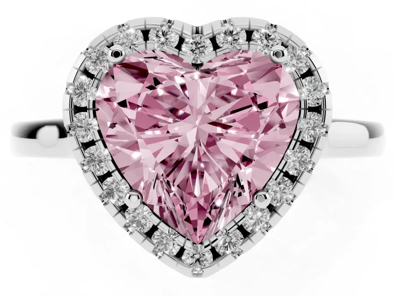Fancy Pink Heart Cut Halo Round Diamond Solitaire Ring Set in Silver with Pavé Band and Prong Setting