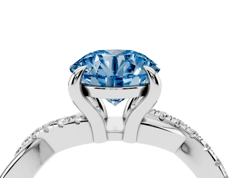 Fancy Blue Round Cut Diamond Twist Band Solitaire Set in White gold with Pavé Accents and Prong Setting