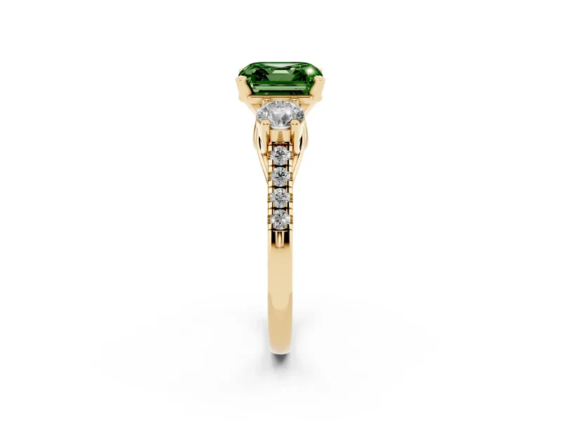 Fancy Green Three-Stone Asscher Cut Diamond Pavé Band Ring Set in Yellow gold with Prong-Set Trio
