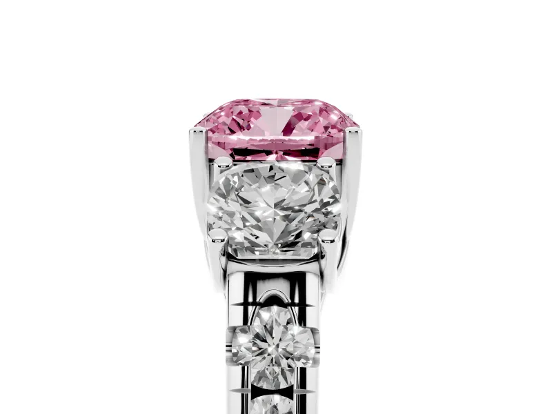 Fancy Pink Cushion Cut Diamond Three-Stone Ring Set in White gold with Pavé Band