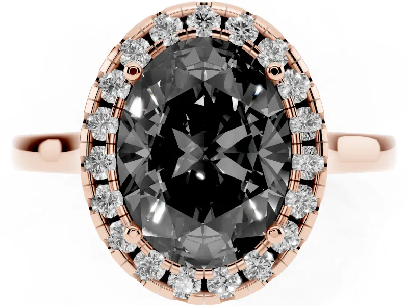 Fancy Black Oval Cut Halo Round Diamond Solitaire Ring Set in Rose gold with Pavé Band and Prong Setting