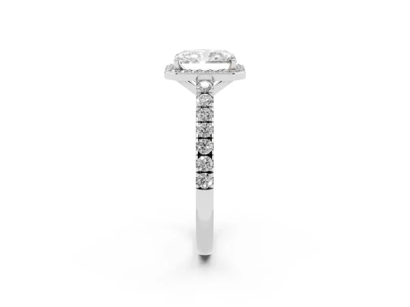 Radiant Cut Diamond Halo Engagement Ring Set in Silver with Pavé Band and Prong Setting