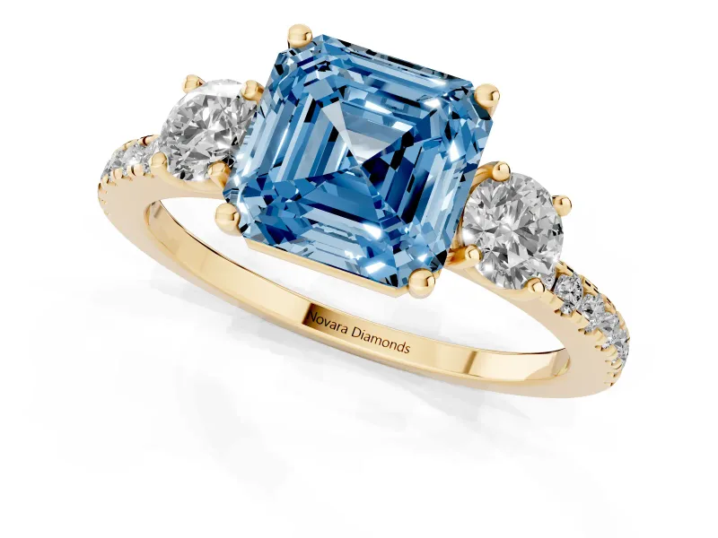 Asscher Cut Three Stone Engagement Ring Setting for a Fancy Blue Lab-Grown Diamond | Pave Shoulders | Yellow Gold