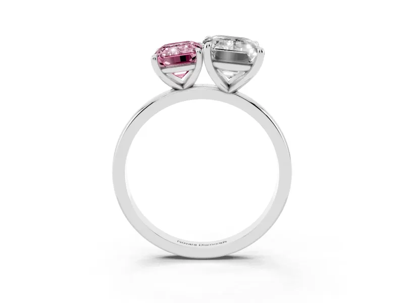 Fancy Pink Emerald Cut and Emerald Cut Toi Moi Ring Set in Silver with Prong Setting