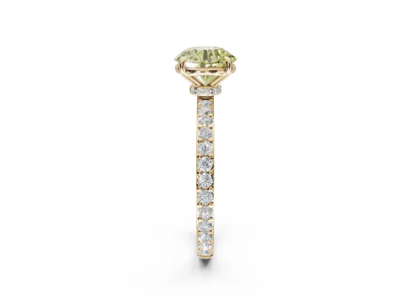 Round Hidden Halo Engagement Ring Setting for a Fancy Yellow Lab-Grown Diamond | Pavé Band | Yellow Gold