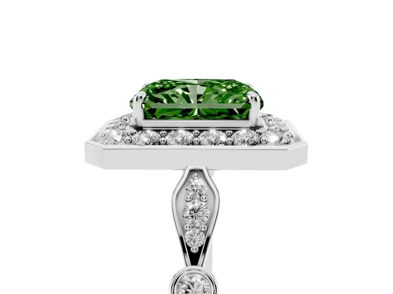 Radiant Cut Halo Engagement Ring Setting for a Fancy Green Lab-Grown Diamond | Bezel Station Shoulders | Platinum