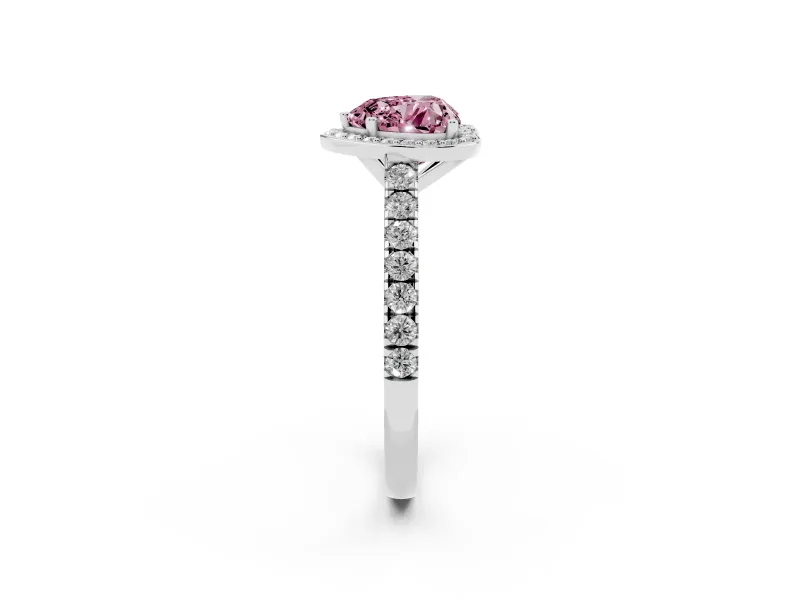 Fancy Pink Heart Cut Diamond Halo Engagement Ring Set in White gold with Pavé Band and Prong Setting