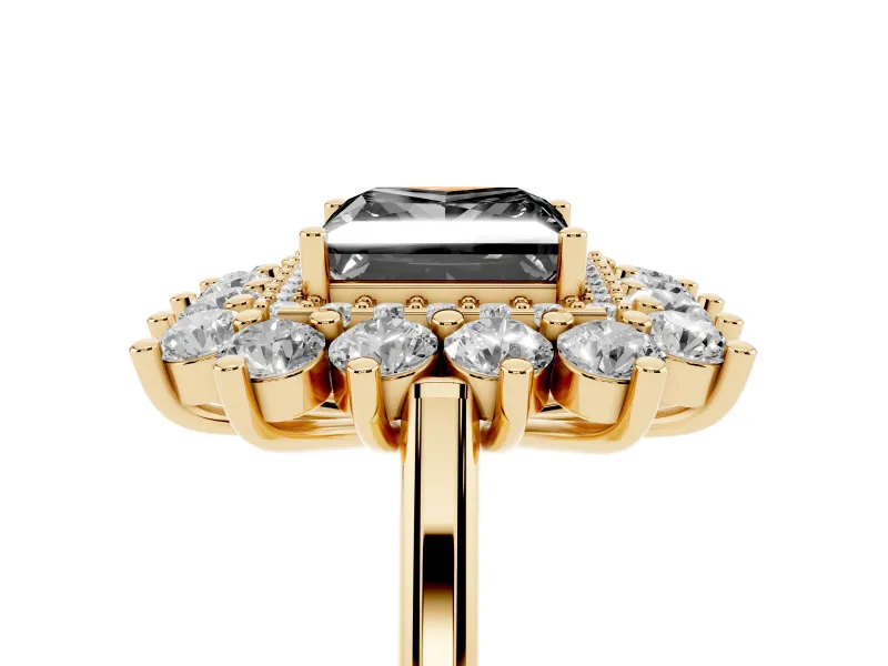 Princess Cut Floral Halo Engagement Ring Setting for a Black Center | Plain Band | Yellow Gold