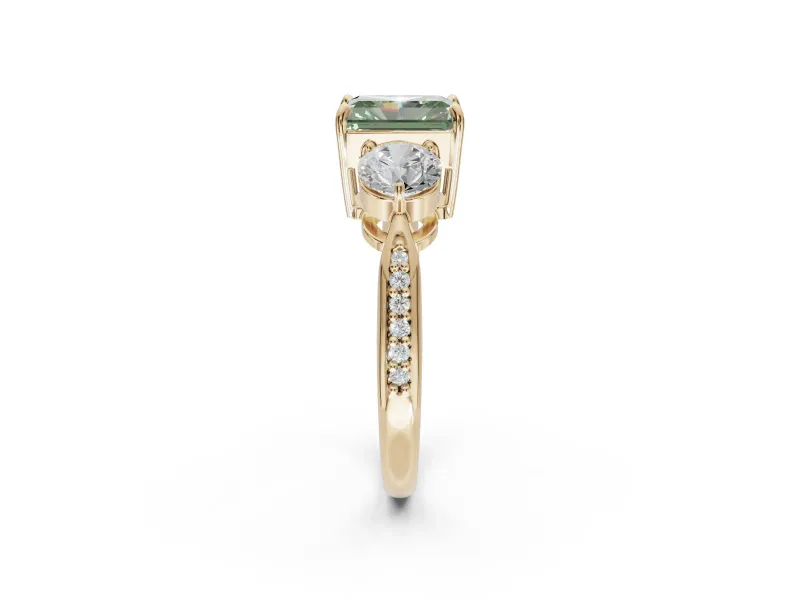 Radiant Cut Three Stone Engagement Ring Setting for a Fancy Green Lab-Grown Diamond | Tapered Pave Band | Yellow Gold