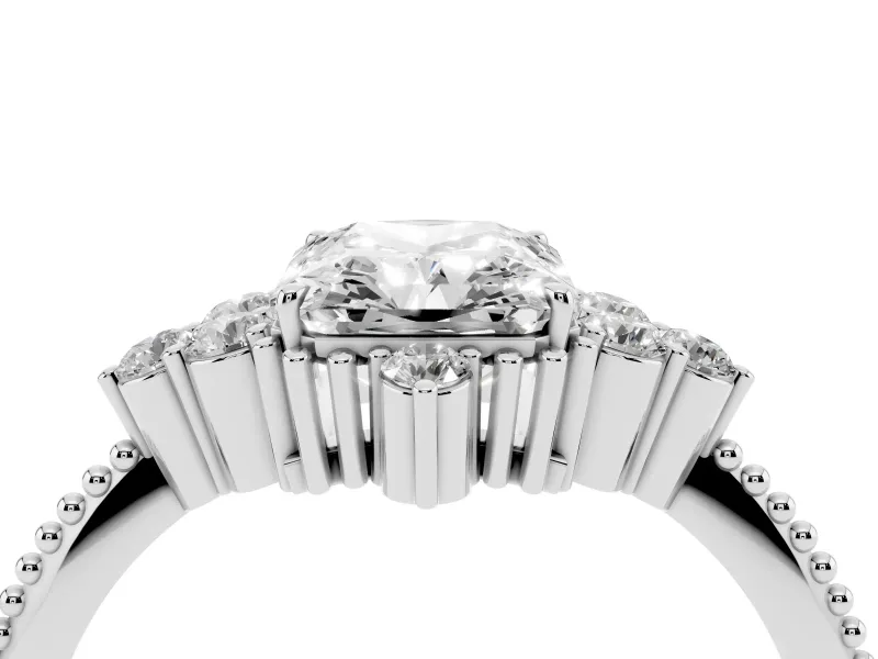 Radiant Cut Diamond Cluster Ring Set in White gold with Beaded Band