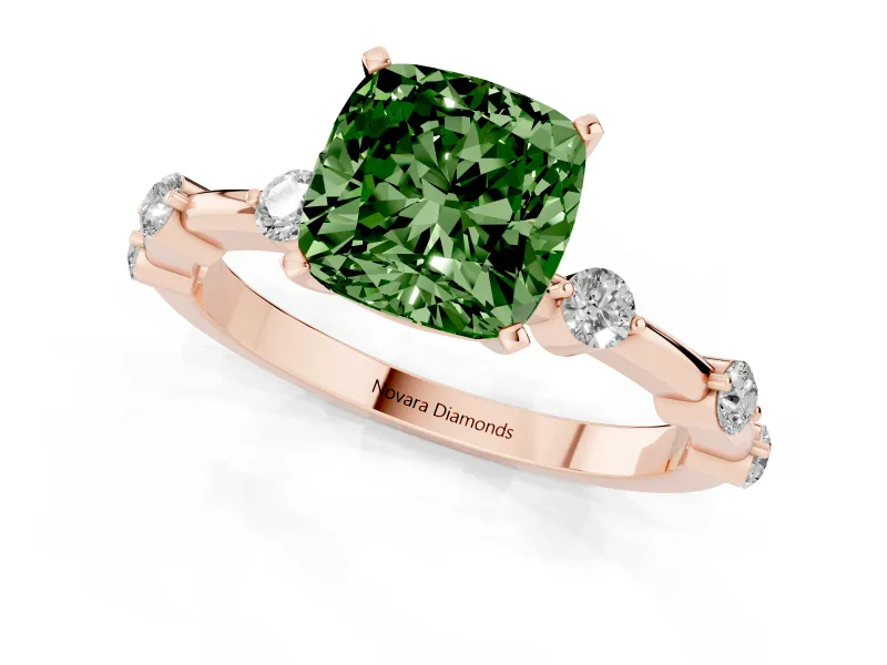 Fancy Green Cushion Cut Diamond Solitaire Ring Set in Rose gold with Bezel Set Side Stones and Prong Setting