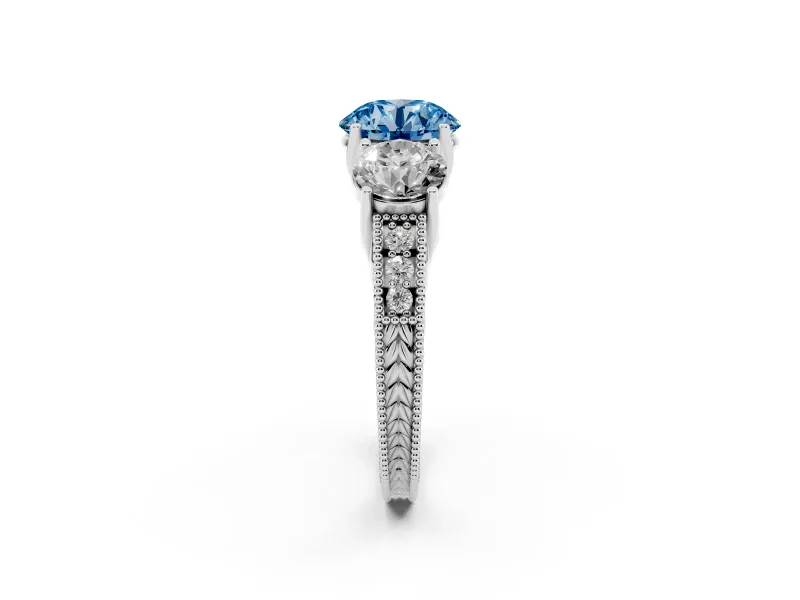 Round Vintage Three Stone Engagement Ring Setting for a Fancy Blue Lab-Grown Diamond | Sterling Silver