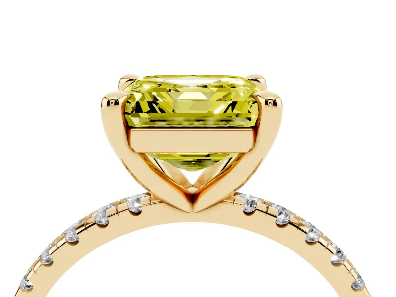 Fancy Yellow Asscher Cut Diamond Brilliant Solitaire Ring Set in Yellow gold with Pavé Band and Prong Setting