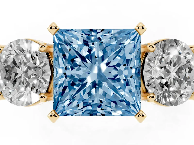 Princess Cut Three Stone Engagement Ring Setting for a Fancy Blue Lab-Grown Diamond | Wide Plain Band | Yellow Gold
