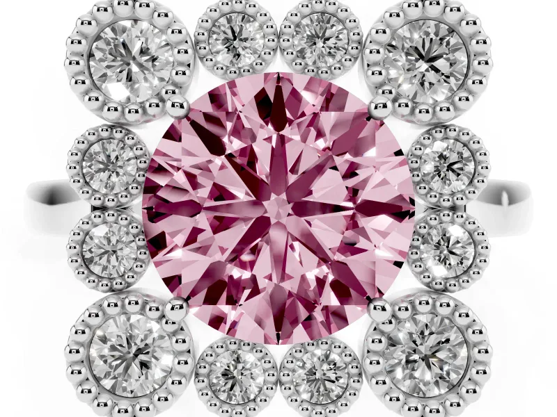 Round Milgrain Cluster Halo Engagement Ring Setting for a Fancy Pink Lab-Grown Diamond | Plain Band | Platinum