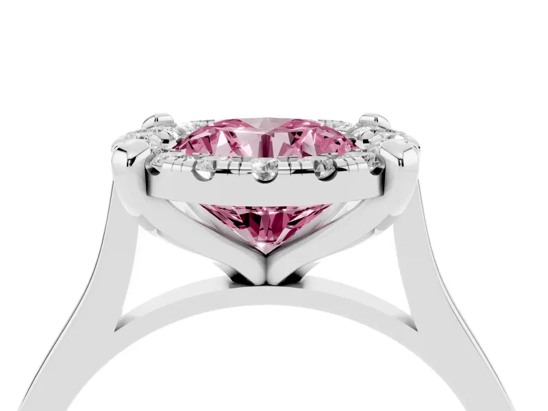 Round Claw Corner Halo Engagement Ring Setting for a Fancy Pink Lab-Grown Diamond | Slim Plain Band | Sterling Silver