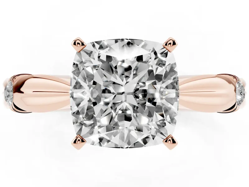 Cushion Cut Diamond Solitaire Twisted Band Ring Set in Rose gold with Accent Stones and Prong Setting