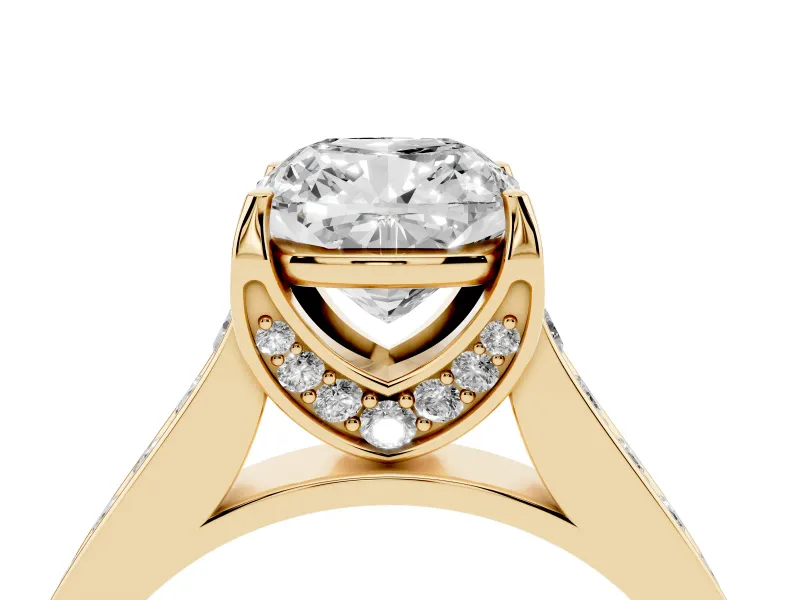 Cushion Cut Diamond Solitaire Pavé Engagement Ring Set in Yellow gold with Prong Setting