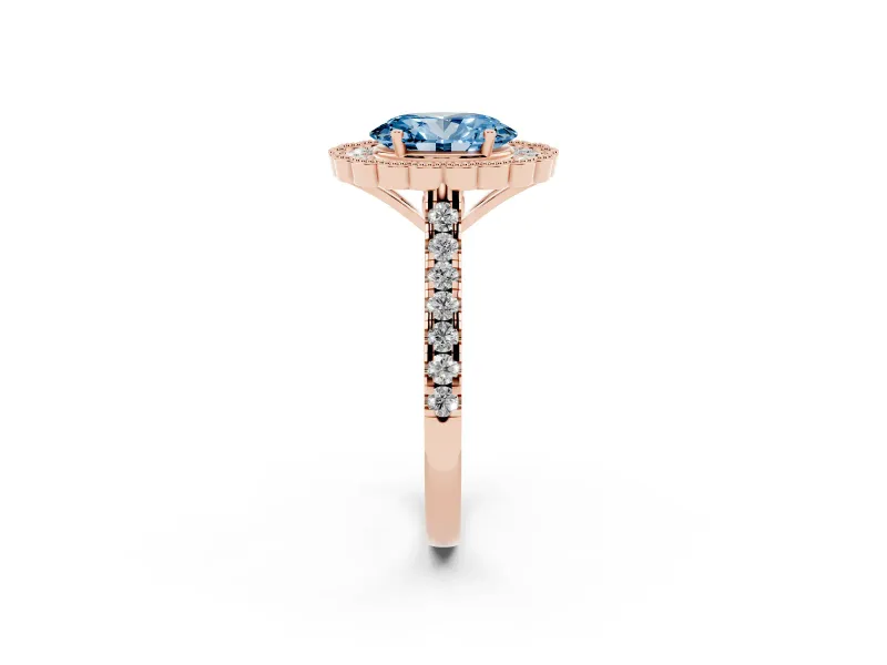 Fancy Blue Oval Cut Diamond Milgrain Floral Halo Engagement Ring Set in Rose gold with Pavé Band
