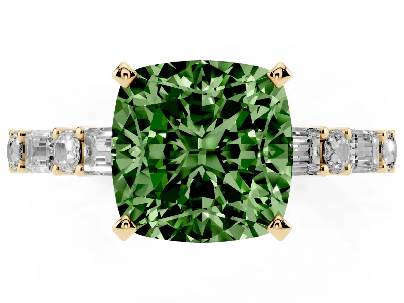 Fancy Green Cushion Cut Diamond Solitaire Set in Yellow gold with Side Baguettes and Channel Set Band