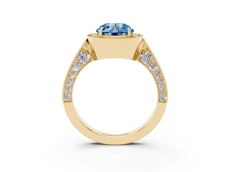 Round Milgrain Halo Engagement Ring Setting for a Fancy Blue Lab-Grown Diamond | Side Stones | Yellow Gold