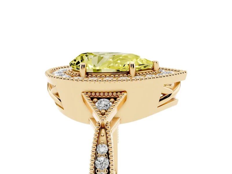 Fancy Yellow Pear Cut Diamond Halo Engagement Ring Set in Yellow gold with Milgrain Pavé Band