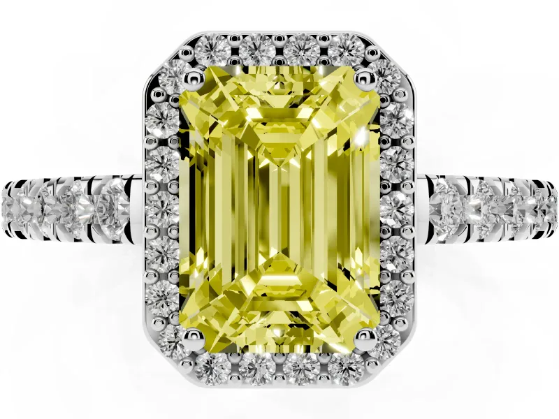 Fancy Yellow Emerald Cut Diamond Halo Engagement Ring Set in Silver with Pavé Band and Prong Setting