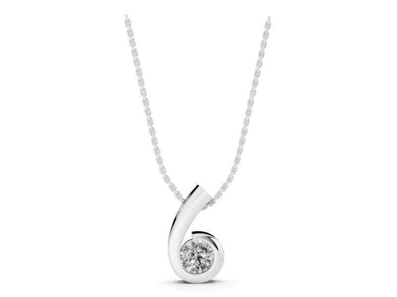 Round Lab-Grown Diamond Bezel Swirl Pendant Necklace | Polished Curl | White Gold